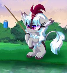 Size: 2655x2878 | Tagged: safe, artist:windykirin, imported from derpibooru, oc, oc only, oc:windshear, kirin, :t, female, fishing, grass, high res, long eyelashes, soda can, solo, stardew valley, water