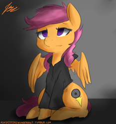 Size: 1024x1100 | Tagged: safe, artist:jovalic, imported from derpibooru, scootaloo, pegasus, pony, fanfic:pegasus device, fanfic:rainbow factory, absentia, absentia's cutie mark, alternate cutie mark, alternate ending, baggy hoodie, black hoodie, bored, clothes, dark background, empty eyes, evil, evil scootaloo, eviloo, eyelashes, factory absentia, factory scootaloo, fanfic art, female, filly, frown, grey outlines, hoodie, hoof fluff, lidded eyes, looking forward, pegasus device, purple eyes, purple mane, purple tail, rainbow factory worker scootaloo, shading, signature, sitting, small wings, solo, tail, wings