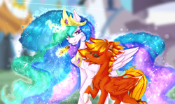 Size: 1536x910 | Tagged: safe, artist:quasafox, imported from derpibooru, princess celestia, oc, alicorn, pegasus, pony, commission, your character here