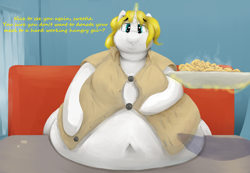 Size: 2746x1896 | Tagged: safe, artist:lupin quill, imported from derpibooru, oc, oc:snow veil, unicorn, series:snow helps herself (weight gain), bedroom eyes, belly, belly button, big belly, butt, chubby cheeks, clothes, dialogue, diner, double chin, fat, fat fetish, feedee, female, fetish, food, horn, large butt, levitation, lineless, lip bite, magic, morbidly obese, neck roll, obese, pasta, plate, plot, shirt, smiling, stuffed, table, talking to viewer, telekinesis, tight clothing, unicorn oc, waitress, wardrobe malfunction, weight gain, weight gain sequence, window