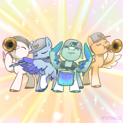 Size: 2048x2048 | Tagged: safe, artist:pfeffaroo, imported from derpibooru, pegasus, pony, backwards ballcap, baseball cap, cap, drums, flute, g5, guard, hat, high res, musical instrument, sea skimmer, thunder flap, trumpet, wing hold, wings, younger, zoom zephyrwing