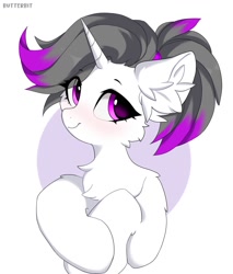 Size: 1707x2000 | Tagged: safe, artist:butterbit, imported from derpibooru, oc, oc only, oc:hazel radiate, pony, unicorn, bust, cheek fluff, chest fluff, commission, commissioner:biohazard, ear fluff, eyebrows, eyelashes, female, highlights, horn, mare, ponytail, portrait, purple eyes, simple background, solo, unicorn oc, white background, ych result