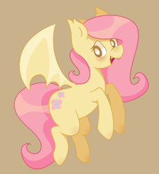 Size: 2840x3100 | Tagged: safe, artist:titaniumbreadcrumbs, imported from derpibooru, fluttershy, bat pony, pony, bat ponified, blushing, cute, fangs, female, flutterbat, high res, looking at you, mare, open mouth, open smile, race swap, shyabates, shyabetes, simple background, smiling, solo, spread wings, three quarter view, wings, yellow background