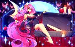 Size: 3333x2100 | Tagged: safe, artist:koveliana, imported from derpibooru, fluttershy, anthro, bat pony, unguligrade anthro, vampire, apple, bat ponified, bat wings, breasts, busty fluttershy, candle, chest fluff, chromatic aberration, cleavage fluff, clothes, coffin, dress, female, flutterbat, food, full moon, high res, hoof fluff, moon, race swap, solo, wings