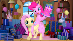 Size: 3840x2160 | Tagged: safe, artist:owlpirate, imported from derpibooru, fluttershy, pinkie pie, earth pony, pegasus, pony, 3d, balloon, cake, food, hat, high res, open mouth, party hat, source filmmaker