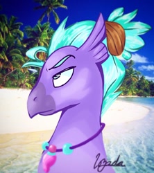 Size: 1080x1217 | Tagged: artist needed, safe, imported from derpibooru, seaspray, hippogriff, beach, ocean, palm tree, tree