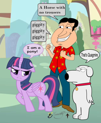 Size: 1050x1280 | Tagged: safe, artist:smilodonkahn, imported from derpibooru, twilight sparkle, alicorn, dog, pony, brian griffin, crossover, cursed image, dialogue, family guy, female, floppy ears, giggity, glenn quagmire, male, speech bubble, trio, twilight sparkle (alicorn)