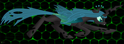 Size: 1024x364 | Tagged: safe, artist:smilodonkahn, imported from derpibooru, queen chrysalis, changeling, changeling queen, crown, fangs, female, jewelry, regalia, running, solo, transparent wings, wings