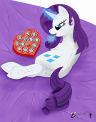 Size: 500x636 | Tagged: safe, artist:smilodonkahn, imported from derpibooru, rarity, pony, unicorn, bed, female, glowing, glowing horn, horn, magic, praline, solo, telekinesis