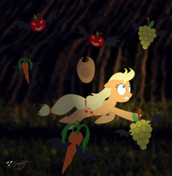 Size: 622x636 | Tagged: safe, artist:smilodonkahn, imported from derpibooru, applejack, earth pony, pony, apple, carrot, female, food, grapes, nightmare, solo