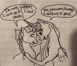 Size: 1979x1694 | Tagged: safe, artist:alyssamaiya, imported from derpibooru, sunny starscout, twilight sparkle, alicorn, earth pony, pony, the last problem, g5, lined paper, motivational, older, older twilight, positive ponies, princess twilight 2.0, sketch, speech bubble, sunny and her heroine, timid, traditional art, twilight sparkle (alicorn)