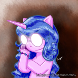 Size: 1280x1280 | Tagged: safe, artist:optimusconvoy, imported from derpibooru, izzy moonbow, pony, unicorn, 2021, female, g5, glasses, round glasses, scary shiny glasses, solo