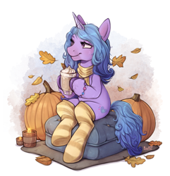 Size: 3014x3125 | Tagged: safe, artist:birdoffnorth, imported from derpibooru, izzy moonbow, pony, unicorn, autumn, candle, clothes, female, g5, high res, leaves, pumpkin, sitting, smiling, socks, solo, striped socks