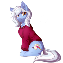 Size: 2473x2491 | Tagged: safe, artist:_ladybanshee_, imported from derpibooru, oc, oc only, oc:word weaver, earth pony, pony, chest fluff, clothes, commission, ear fluff, fluffy mane, full body, happy, high res, hoodie, shading, simple background, sitting, smiling, solo, transparent background