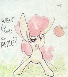 Size: 688x779 | Tagged: safe, artist:slightlyshade, imported from derpibooru, apple bloom, earth pony, pony, apple, female, filly, food, solo, text