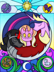 Size: 1050x1400 | Tagged: safe, artist:enigmadoodles, imported from derpibooru, king sombra, luster dawn, twilight sparkle, alicorn, pony, fanfic:no second chances, the last problem, armor, crown, fanfic, fanfic art, fanfic cover, jewelry, older, older twilight, peytral, princess twilight 2.0, regalia, stained glass, twilight sparkle (alicorn)