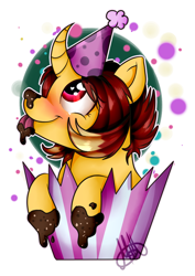 Size: 782x1104 | Tagged: safe, artist:millefaller, imported from derpibooru, oc, oc only, pony, unicorn, abstract background, blushing, hat, looking up, party hat, signature, simple background, smiling, solo, white background