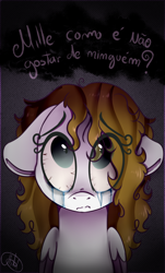 Size: 514x851 | Tagged: safe, artist:millefaller, imported from derpibooru, oc, oc only, pegasus, pony, bloodshot eyes, bust, colored wings, crying, eye clipping through hair, female, frown, looking up, mare, pegasus oc, portuguese, sad, signature, solo, talking, two toned wings, wings