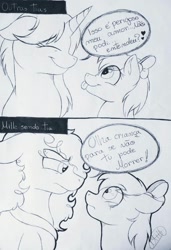 Size: 656x960 | Tagged: safe, artist:millefaller, imported from derpibooru, oc, oc only, earth pony, pony, unicorn, :p, clothes, comic, dialogue, earth pony oc, eyelashes, female, frown, horn, lineart, mare, portuguese, smiling, tongue out, traditional art, unicorn oc, wide eyes