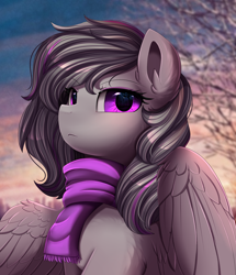 Size: 2582x3003 | Tagged: safe, artist:pridark, imported from derpibooru, oc, oc only, pegasus, pony, beautiful, bust, clothes, commission, cute, female, high res, mare, pegasus oc, portrait, pretty, purple eyes, scarf, serious, solo, tree