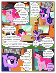 Size: 612x792 | Tagged: safe, artist:newbiespud, edit, edited screencap, imported from derpibooru, screencap, pinkie pie, twilight sparkle, earth pony, pony, unicorn, comic:friendship is dragons, mmmystery on the friendship express, bubble pipe, comic, deerstalker, detective, detective hat, dialogue, duo, duo female, eyelashes, eyes closed, female, grin, hat, indoors, mare, pipe, raised hoof, screencap comic, sherlock holmes, sherlock sparkle, smiling, thinking, unicorn twilight