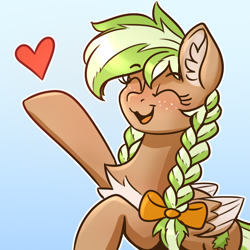 Size: 2480x2480 | Tagged: safe, artist:dandy, imported from derpibooru, oc, oc only, oc:sylvia evergreen, pegasus, pony, blushing, braided pigtails, cute, eyes closed, female, freckles, hair tie, happy, heart, high res, mare, ocbetes, open mouth, solo