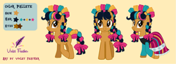Size: 1271x463 | Tagged: safe, artist:icicle-wicicle-1517, artist:violetfeatheroficial, imported from derpibooru, oc, oc only, oc:rosa fiesta, earth pony, pony, bow, clothes, dress, earth pony oc, female, hair bow, mare, mexican, multicolored hair, raised hoof, ribbon, solo