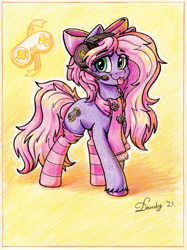 Size: 2684x3590 | Tagged: safe, artist:dandy, imported from derpibooru, oc, oc only, oc:lillybit, earth pony, pony, :3, :p, bow, clothes, colored pencil drawing, commission, female, headset, high res, mare, scarf, signature, socks, solo, striped socks, tongue out, traditional art