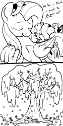 Size: 1500x3000 | Tagged: safe, artist:skookz, imported from derpibooru, fluttershy, twilight sparkle, bird, butterfly, pegasus, pony, rabbit, squirrel, unicorn, animal, black and white, book, comic, female, flower, fluttertree, grayscale, implied transformation, mare, monochrome, text, tree