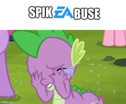 Size: 552x452 | Tagged: safe, imported from ponybooru, pinkie pie, spike, twilight sparkle, dragon, earth pony, unicorn, it ain't easy being breezies, abuse, crying, ea games, female, funny, male, op was successful at being funny, solo, spikeabuse, spikeposting, teary eyes, unicorn twilight