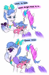 Size: 616x946 | Tagged: safe, artist:sunnystarscout, imported from derpibooru, queen haven, zipp storm, anomalocaris, pegasus, pony, coronavirus, female, g5, horn, speech bubble, sunglasses, wings