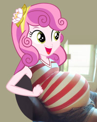 Size: 1024x1289 | Tagged: artist needed, safe, artist:preggoapplebloom, edit, imported from derpibooru, sweetie belle, human, pony, equestria girls, belly, big belly, breasts, clothes, equestria girls in real life, flower, flower in hair, headband, humanized, irl, photo, photomanipulation, ponies in real life, preggy belle, pregnant, pregnant equestria girls, shirt, shorts, small breasts, striped shirt