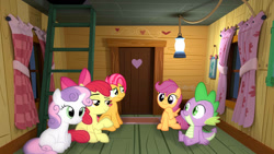 Size: 1192x670 | Tagged: safe, artist:alixnight, edit, editor:undeadponysoldier, imported from ponybooru, apple bloom, babs seed, scootaloo, spike, sweetie belle, dragon, earth pony, pegasus, pony, unicorn, 3d, 3d background, best friends, clubhouse, crusaders clubhouse, cutie mark crusaders, door, female, filly, freckles, hanging out, ladder, light, male, sitting, sleepover, window