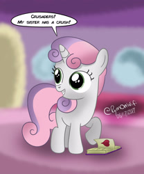 Size: 2500x3000 | Tagged: safe, artist:ryanonwifi, imported from derpibooru, sweetie belle, pony, unicorn, diary, female, filly, grin, heart, smiling, snooping, solo, speech bubble