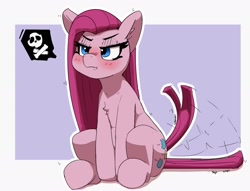 Size: 2499x1913 | Tagged: safe, artist:pabbley, imported from derpibooru, pinkie pie, earth pony, pony, blushing, chest fluff, cute, diapinkes, female, frown, grumpy, mare, pinkamena diane pie, sitting, skull and crossbones, solo, tail, tail wag