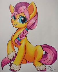 Size: 1648x2048 | Tagged: safe, artist:gleamydreams, imported from derpibooru, sunny starscout, earth pony, pony, female, g5, looking at you, mare, sitting, smiling, smiling at you, solo, traditional art