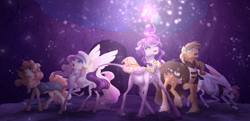 Size: 6207x3000 | Tagged: safe, artist:shaslan, imported from derpibooru, applejack, fluttershy, pinkie pie, rainbow dash, rarity, classical unicorn, earth pony, pegasus, pony, unicorn, absurd resolution, cape, clothes, cloven hooves, coat, fanfic, fanfic art, fanfic cover, female, glasses, hat, leonine tail, mare, realistic horse legs, unshorn fetlocks