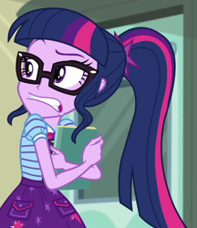 Size: 546x631 | Tagged: safe, imported from derpibooru, screencap, sci-twi, twilight sparkle, equestria girls, equestria girls series, stressed in show, stressed in show: pinkie pie, book, bowtie, clothes, cropped, cutie mark on clothes, eyebrows, geode of telekinesis, glasses, gritted teeth, jewelry, magical geodes, pendant, polo shirt, ponytail, raised eyebrow, skirt, solo, teeth