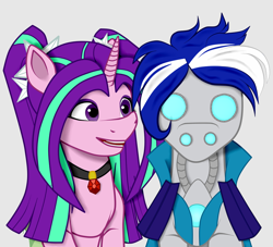 Size: 828x753 | Tagged: safe, artist:crystal yazarän, imported from derpibooru, aria blaze, oc, oc:ivislor, oc:ivislor odzi, cyborg, cyborg pony, pony, unicorn, equestria girls, cape, clothes, commission, commissioner:iv's, duo, female, jewelry, male, pendant, ponified, shoulder pads, smiling