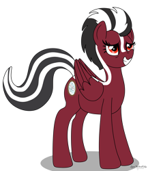 Size: 2635x3030 | Tagged: safe, artist:lynnthenerdkitty, imported from derpibooru, oc, oc:shatter misty cloud, pegasus, pony, skunk, skunk pony, crossover, female, grin, high res, lidded eyes, ponified, shatter (transformers), simple background, smiling, species swap, transformers, transparent background