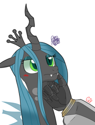 Size: 1836x2420 | Tagged: safe, artist:cjv2004, imported from derpibooru, queen chrysalis, changeling, changeling queen, robot, angry, blushing, crossover, disembodied hand, female, hand, megatron, offscreen character, robot hand, shipping, transformers, tsundalis, tsundere