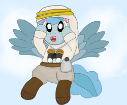 Size: 6048x5036 | Tagged: safe, artist:pinkiepie69, imported from derpibooru, oc, oc only, oc:eazybake, pegasus, pony, binoculars, boots, canteen, eazy bake, eyeshadow, female, lawrence of arabia style, lipstick, makeup, outfit, pegasus oc, shoes, sky, solo