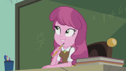 Size: 3410x1920 | Tagged: safe, imported from derpibooru, screencap, cheerilee, equestria girls, equestria girls series, the last day of school, book, chalkboard, female, high res, pencil, smiling, solo