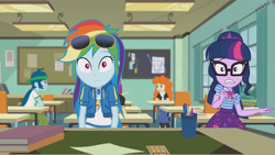 Size: 3410x1920 | Tagged: safe, imported from derpibooru, screencap, captain planet, rainbow dash, sci-twi, twilight sparkle, equestria girls, equestria girls series, the last day of school, bowtie, clothes, cutie mark, cutie mark on clothes, female, geode of super speed, geode of telekinesis, glasses, high res, hoodie, jewelry, magical geodes, male, necklace, ponytail, sunglasses