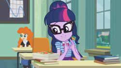 Size: 3410x1920 | Tagged: safe, imported from derpibooru, screencap, golden hazel, sci-twi, twilight sparkle, equestria girls, equestria girls series, the last day of school, bowtie, female, glasses, high res, lip bite, ponytail, solo