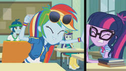 Size: 3410x1920 | Tagged: safe, imported from derpibooru, screencap, rainbow dash, sci-twi, twilight sparkle, equestria girls, equestria girls series, the last day of school, breaking the fourth wall, clothes, cutie mark, cutie mark on clothes, eyes closed, female, fourth wall, geode of super speed, geode of telekinesis, glasses, grin, high res, hoodie, jewelry, magical geodes, male, necklace, ponytail, smiling, sunglasses