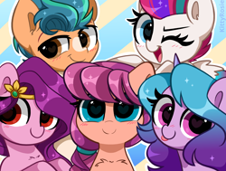 Size: 5154x3889 | Tagged: safe, artist:kittyrosie, imported from derpibooru, hitch trailblazer, izzy moonbow, pipp petals, sunny starscout, zipp storm, earth pony, pegasus, pony, unicorn, :p, adorapipp, adorazipp, blushing, chest fluff, cute, female, g5, heart eyes, hitchbetes, izzybetes, looking at you, male, mane five (g5), mare, one eye closed, open mouth, royal sisters (g5), siblings, sisters, smiling, smiling at you, stallion, sunnybetes, tongue out, wingding eyes, wink, winking at you