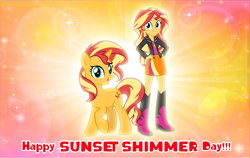 Size: 4600x2900 | Tagged: safe, artist:andoanimalia, imported from derpibooru, sunset shimmer, pony, unicorn, equestria girls, duality, female, grin, hand on hip, high res, looking at you, mare, open mouth, open smile, smiling, smiling at you, solo, sunset shimmer day