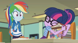 Size: 3410x1920 | Tagged: safe, imported from derpibooru, screencap, rainbow dash, sci-twi, twilight sparkle, equestria girls, equestria girls series, the last day of school, clothes, cutie mark, cutie mark on clothes, eyes closed, female, geode of super speed, glasses, high res, hoodie, jewelry, magical geodes, necklace, ponytail