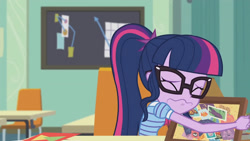 Size: 3410x1920 | Tagged: safe, imported from derpibooru, screencap, sci-twi, twilight sparkle, equestria girls, equestria girls series, the last day of school, book, bowtie, eyes closed, female, glasses, high res, ponytail, solo